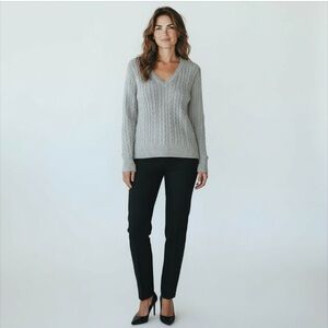 Talbots Cashmere Lambs Wool Blend Cable Knit Light Gray V-Neck Sweater Medium